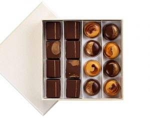 A box of chocolates with different flavors