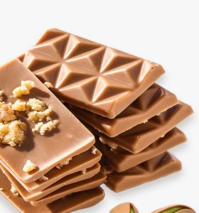 A stack of chocolate bars with nuts on top.