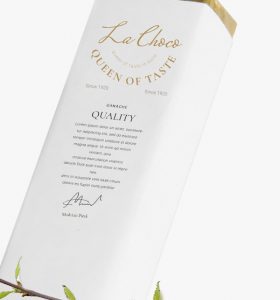 A white box with gold foil and the queen of taste logo.
