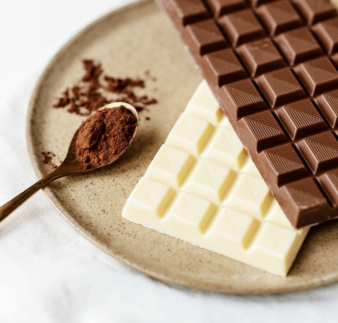 A plate with three different types of chocolate.