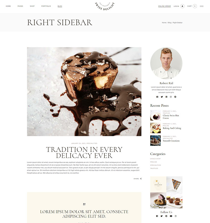 A white and brown food themed website with a picture of a dessert.