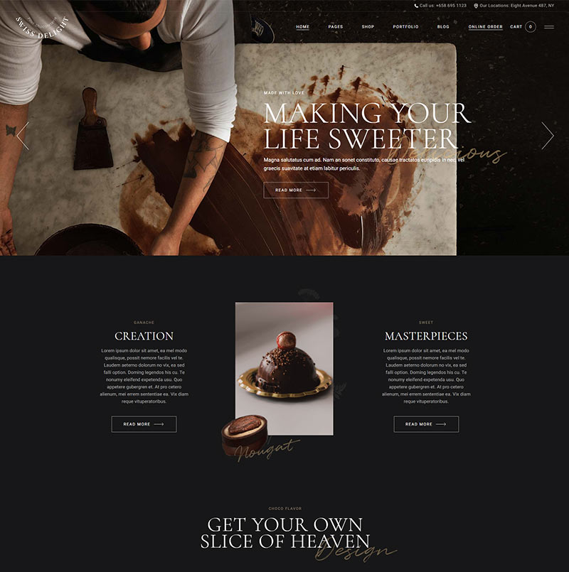 A website with a person making cakes and writing on it.