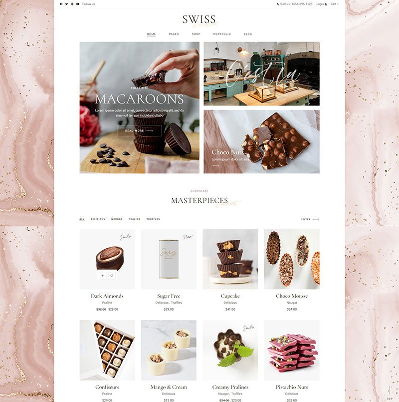 A white and brown website with many different types of desserts.
