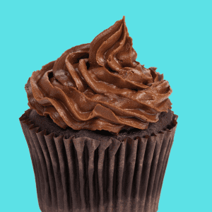 A chocolate cupcake with a brown frosting on top.