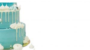 A blue cake with white frosting on top of it.