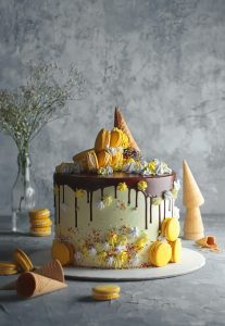 A cake with bananas and chocolate on top.